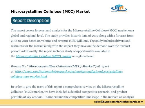 Microcrystalline Cellulose (MCC) Market