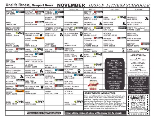 Group Fitness Schedule Onelife