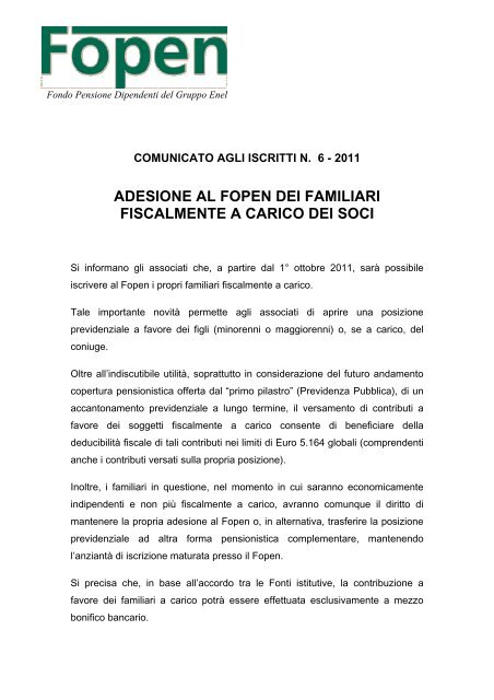 adesione al fopen dei familiari fiscalmente a carico dei soci