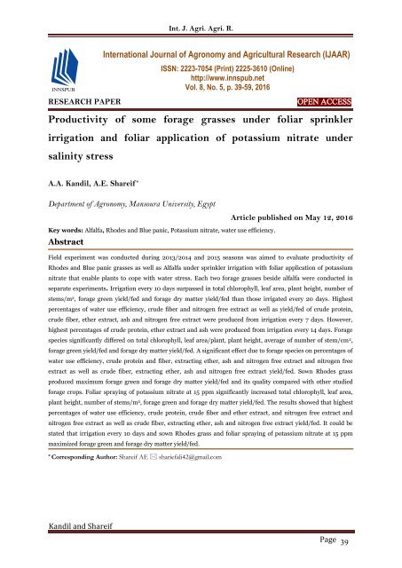 Productivity of some forage grasses under foliar sprinkler irrigation and foliar application of potassium nitrate under salinity stress