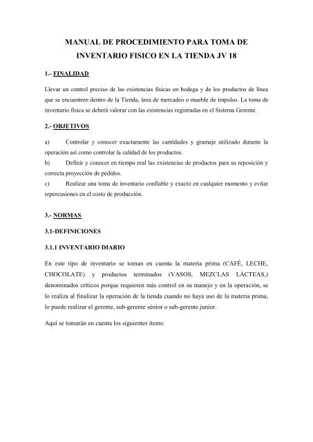 MANUAL DE PROCEDIMIENTO PARA TOMA DE INVENTARIO FISICO EN LA TIENDA JV 18