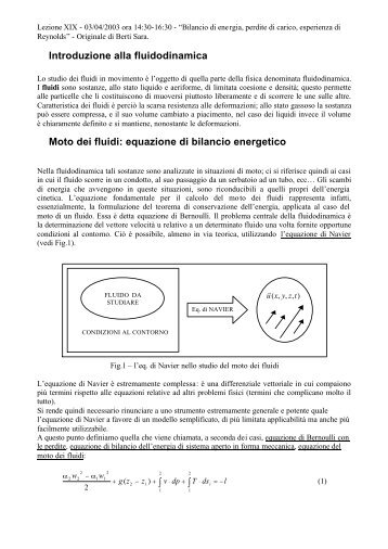 Bilancio di energia, perdite di carico, esperienza di Reynolds