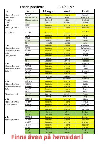 Fodrings schema 21/6-27/7 Datum Morgon Lunch Kväll