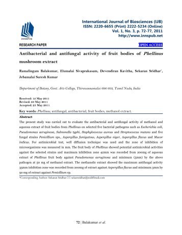 Antibacterial and antifungal activity of fruit bodies of Phellinus mushroom extract