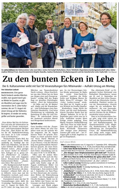 Vorbericht zum "Leher Kultursommer 2016" in der Nordsee-Zeitung vom 12. August 2016