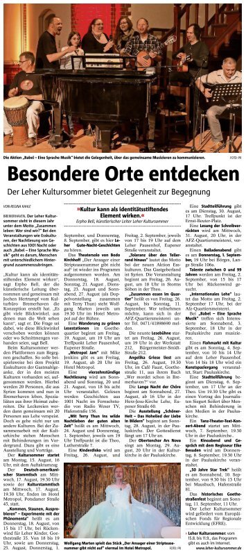 Vorbericht über den "Leher Kultursommer 2016" im Sonntagsjournal vom 14. August 2016