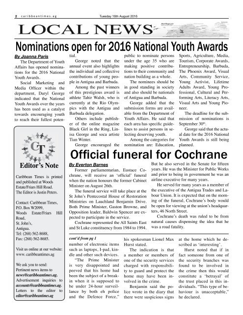 Caribbean Times 72nd Issue - Tuesday 16th August 2016