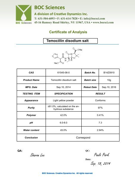 Certificate of Analysis-Temocillin disodium salt Certificate of Analysis-Temocillin disodium salt