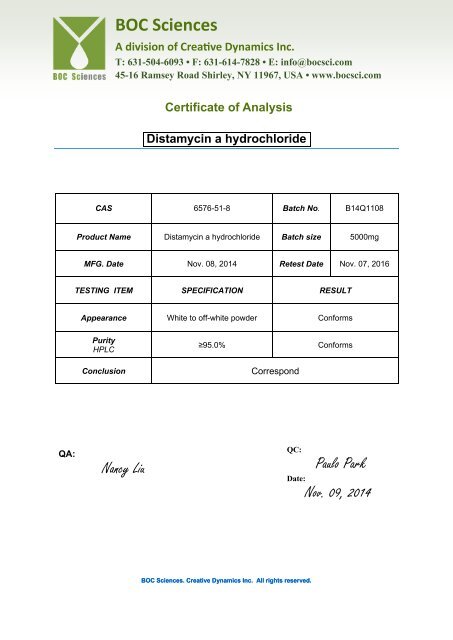 Certificate of Analysis-Distamycin A hydrochloride 6576-51-8 B14Q1108