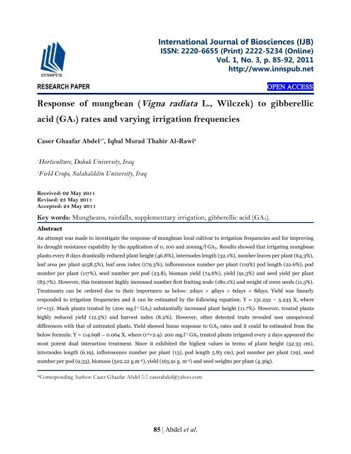 Response of mungbean (Vigna radiata L., Wilczek) to gibberellic acid (GA3) rates and varying irrigation frequencies