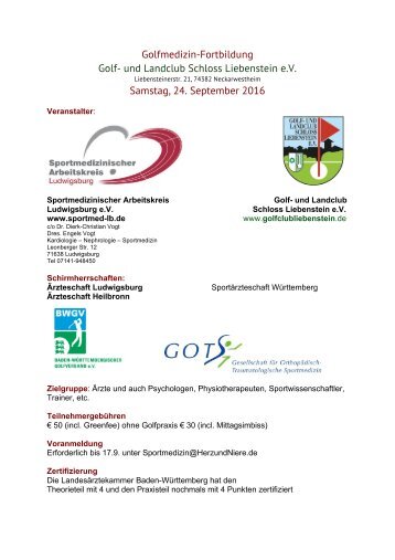 Golfmedizin Programm 09/2016 GC Schloss Liebenstein