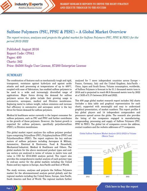 Automotive, Aerospace and Filtration Membranes to Drive Global Sulfone Polymers Market to Reach 69k MTs by 2022