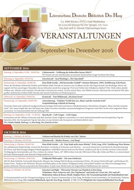 Programm der Deutschen Bibliothek Den Haag Sep-Dez 2016