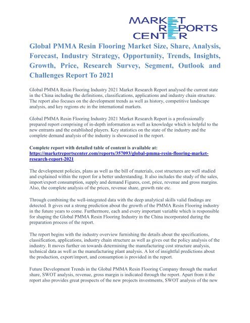 Pmma Resin Flooring Market Analysis Size Share And Forecast To 2021
