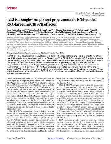 C2c2 is a single-component programmable RNA-guided RNA-targeting CRISPR effector