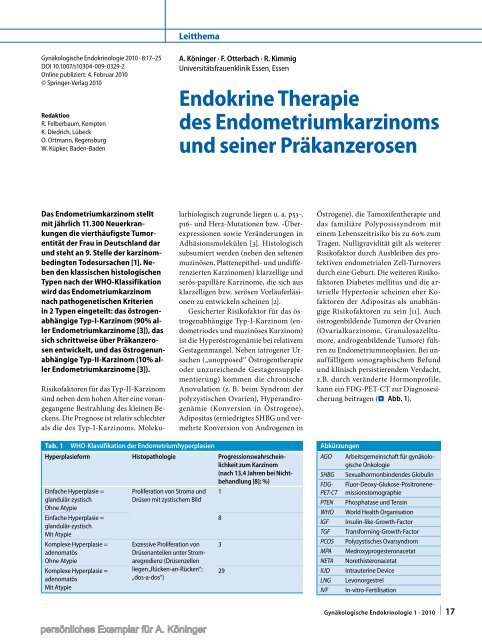 Endokrine Therapie des Endometriumkarzinoms und seiner ...