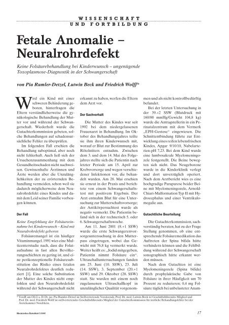 Fetale Anomalie – Neuralrohrdefekt - Ärztekammer Nordrhein