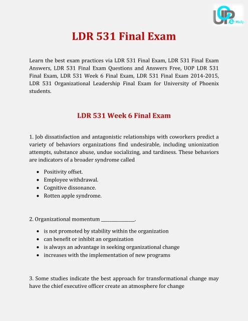 LDR 531 Final Exam : Questions & Answers Free @ UOP E Help