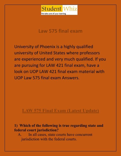 LAW 575 Final Exam | LAW 575 Final Exam Questions and Answers | Studentwhiz.com