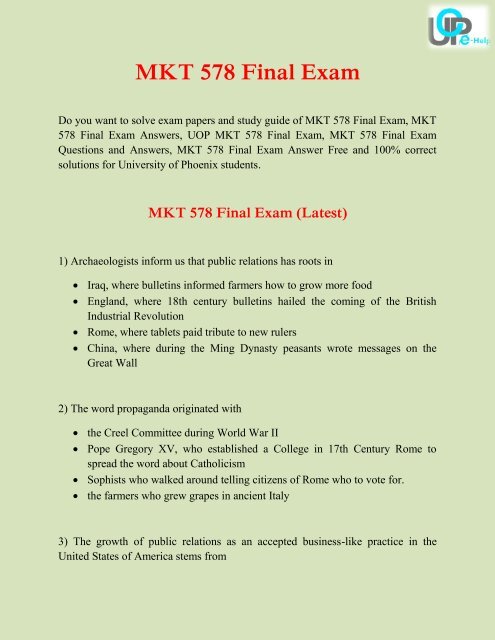MKT 578 Final Exam | Questions and Answers Free at UOP E Help