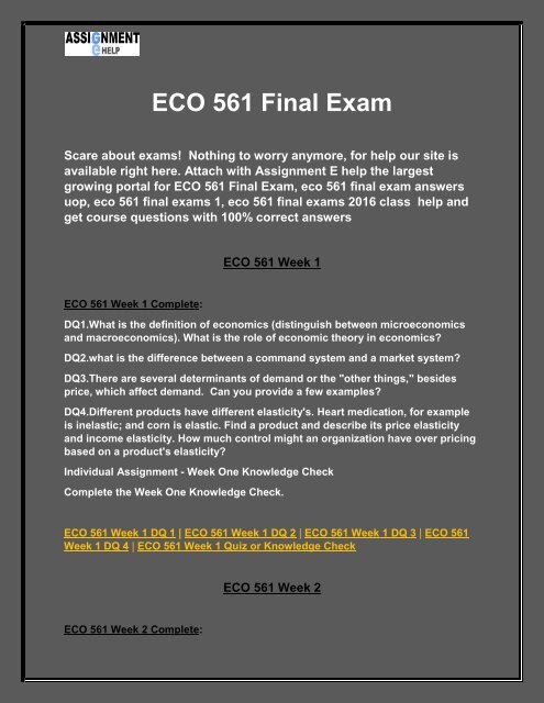ECO 561 Final Exam - ECO 561 Final Exam Answers @Assignment E Help
