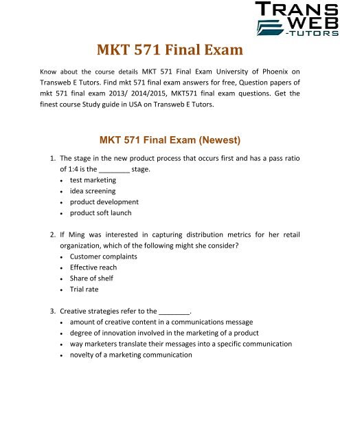 MKT 571 Final Exam | MKT 571 Final Exam Answers - Transweb E Tutors