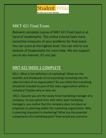 MKT 421 Final Exam  | MKT 421 Final Exam  Answers | ECO 365 Final Exam Analysis - Studentwhiz