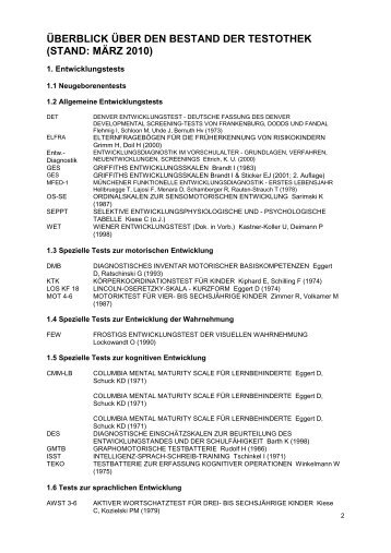 überblick über den bestand der testothek (stand: märz 2010)