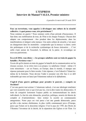 Interview Manuel Valls - L'Express 24 aout 2017