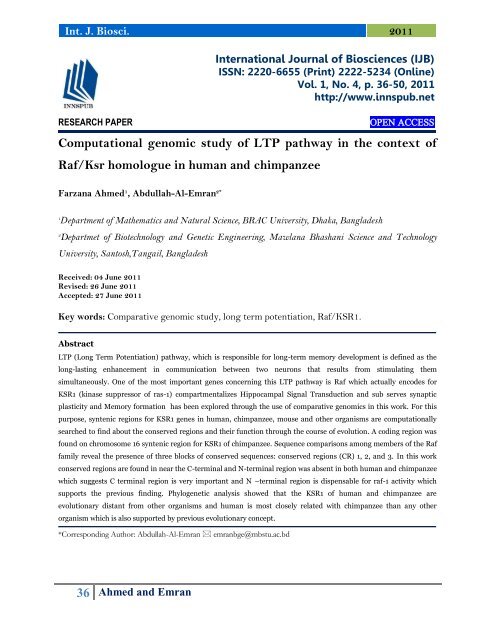 Computational genomic study of LTP pathway in the context of Raf/Ksr homologue in human and chimpanzee