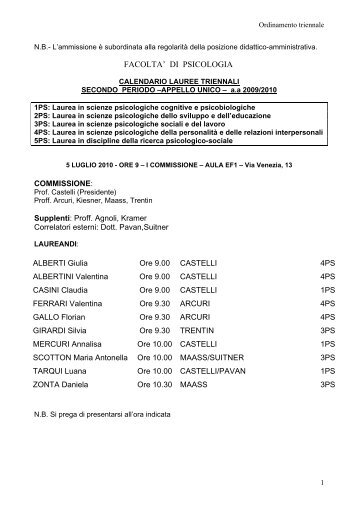 Calendario LAUREE TRIENNALI - Secondo periodo - Appello unico