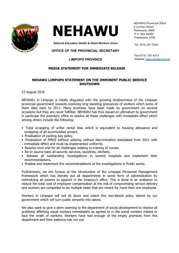 NEHAWU Limpopo media statement on the Imminent Public Service Shutdown
