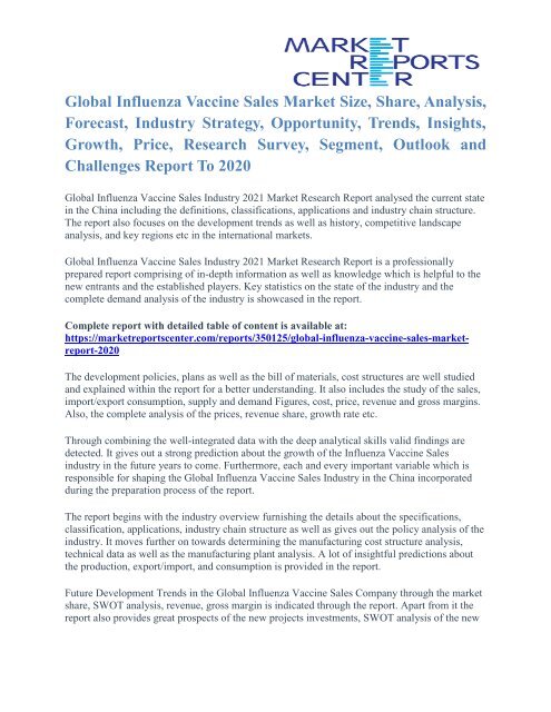 Influenza Vaccine Sales Market Size Report To 2020 - Market Reports Center