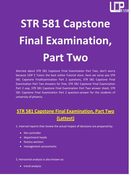 STR 581 Capstone Final Examination, Part Two | STR 581 answers - UOP E Tutors