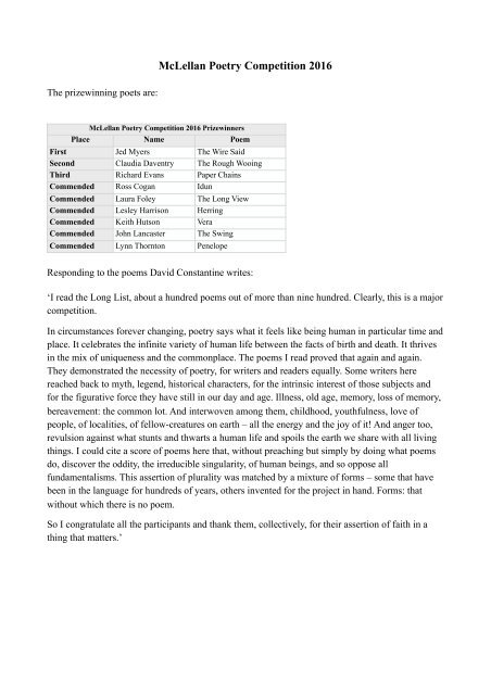 McLellan Poetry Competition 2016
