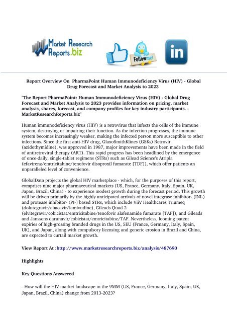  PharmaPoint: Human Immunodeficiency Virus (HIV) - Global Drug Forecast and Market Analysis to 2023 