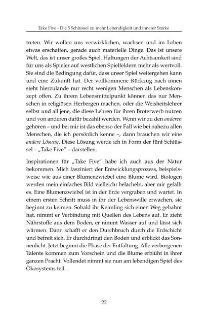 Take Five  - Die fünf Schlüssel zu mehr Lebendigkeit und innerer Stärke - Leseprobe ISBN 783950408324