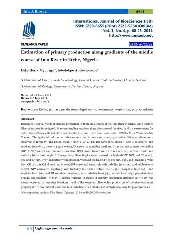 Estimation of primary production along gradients of the middle course of Imo River in Etche, Nigeria