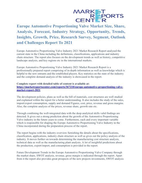 Europe Automotive Proportioning Valve Market Analysis And Trends To 2021