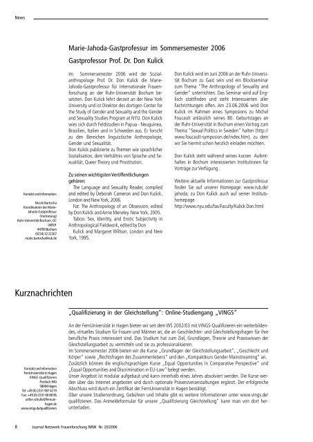 THEMEN: Netzwerk Frauenforschung NRW JOURNAL Nr. 20/2006