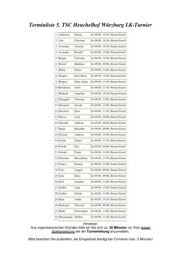 Terminliste 5. TSC Heuchelhof Würzburg LK-Turnier