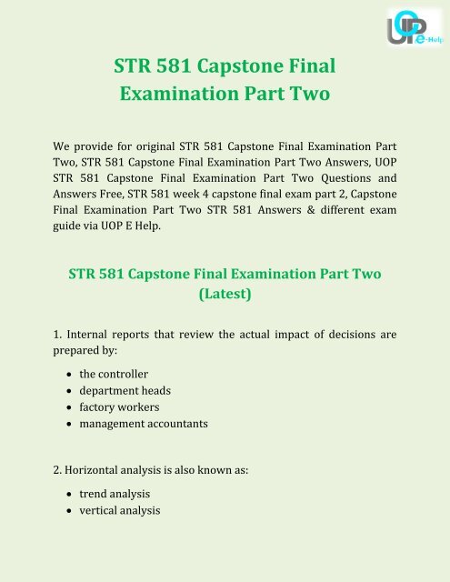 UOP E Help - STR 581 Capstone Final Examination Part Two Answers Free