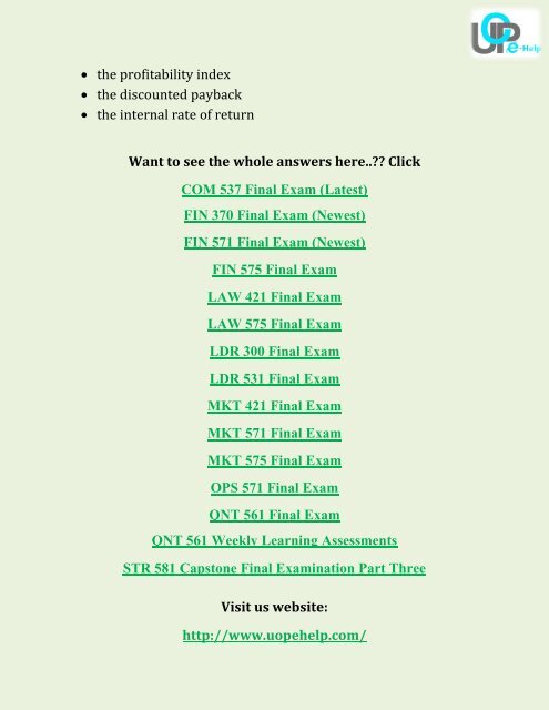 UOP E Help - STR 581 Capstone Final Examination Part Two Answers Free