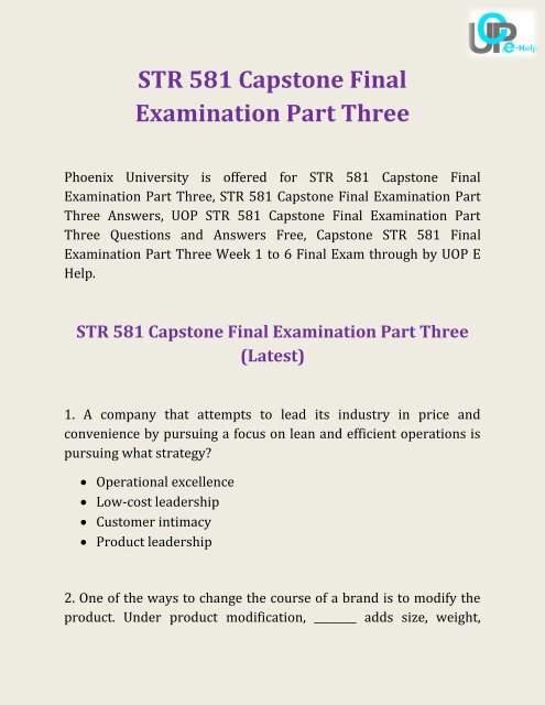 UOP E Help | STR 581 Capstone Final Examination Part Three Answers Free