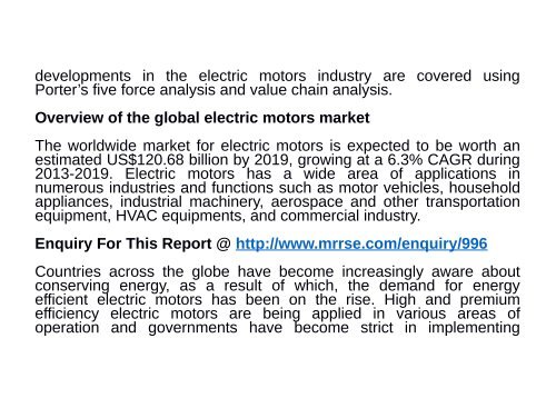 Electric Motors Market : Quantitative Market analysis, Current and future trends to 2013 - 2019