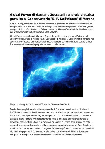 Gaetano Zoccatelli, offerta energia elettrica gratuita al Dall’Abaco