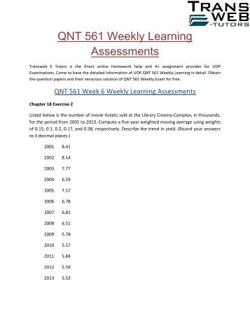 QNT 561 Weekly Learning Assessments | Transweb E Tutors