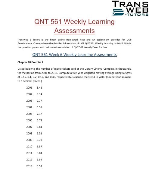 QNT 561 Weekly Learning Assessments | Transweb E Tutors