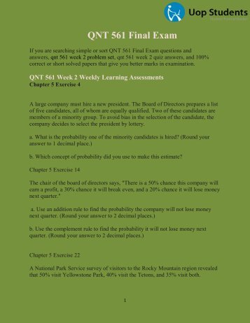 QNT 561 Final Exam - QNT 561 Week 1 Practice Quiz 45 Questions - UOP Students
