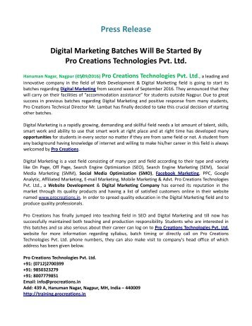 Pro03-Press Release-Digital Marketing Training